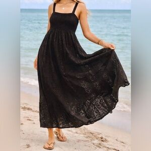 Saltwater Luxe Jacey Eyelet Midi Dress Black Smocked Empire Boho S